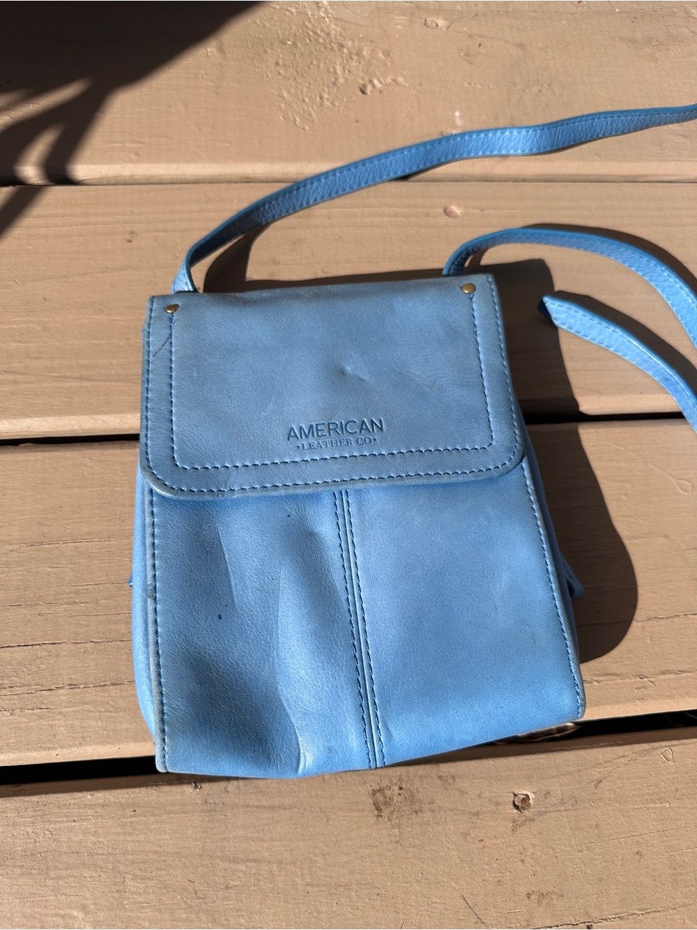 American Leather Co Kansas Light Sky Blue Leather RFID Crossbody Flap Bag Purse